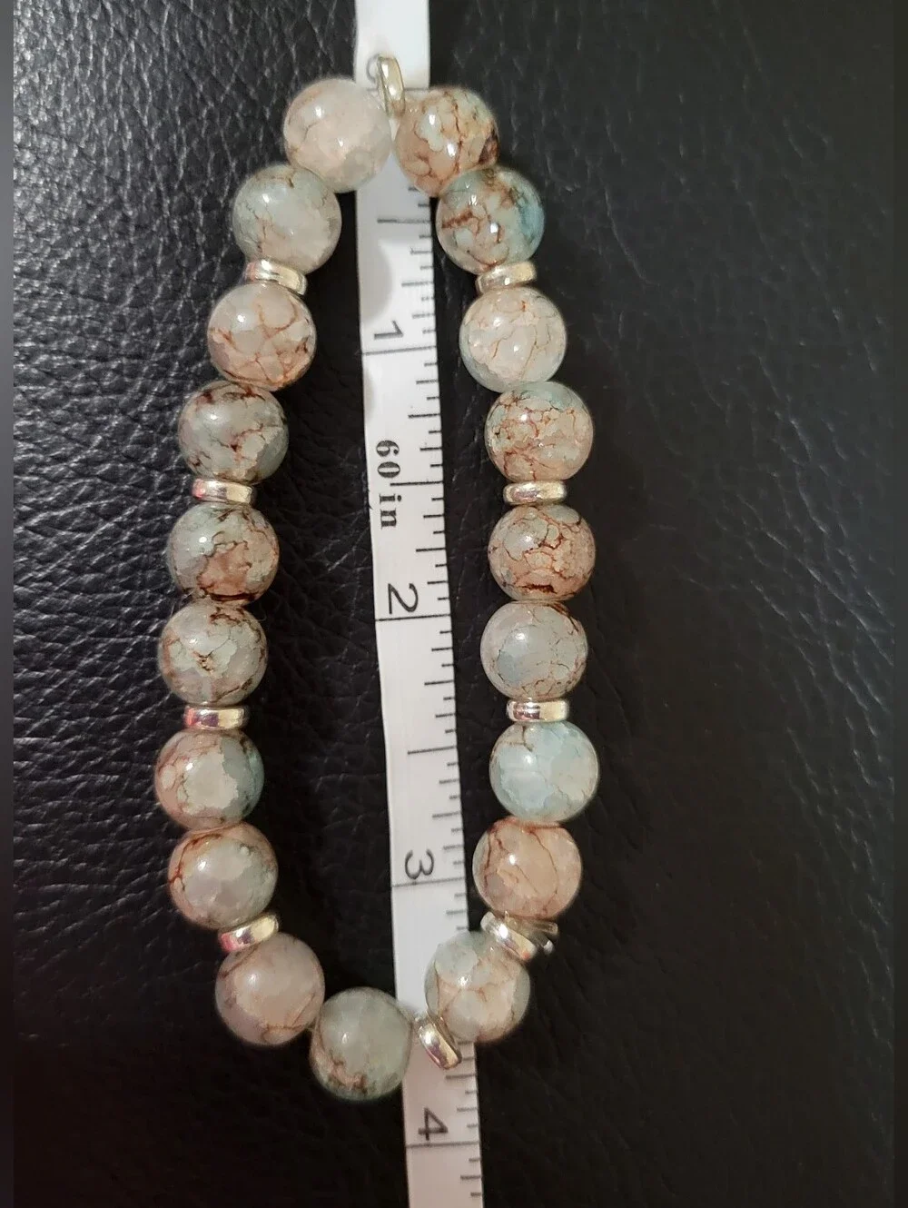 Smooth Round Dragon Vein Agate Stretch Bracelet – Aqua & Tan Gemstone Beads